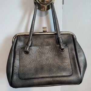 Vintage Silver Leather Handbag with Gold Detail